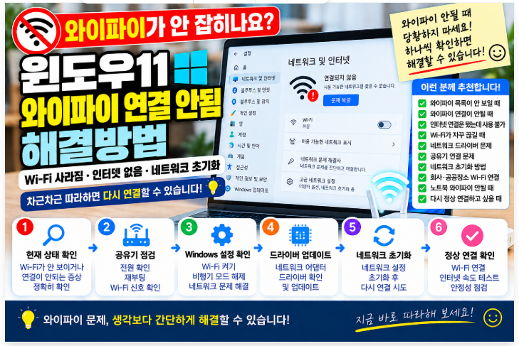 📡 윈도우11 와이파이 연결 안됨 해결방법|Wi-Fi 사라짐·인터넷 없음·네트워크 초기화 1 image 57