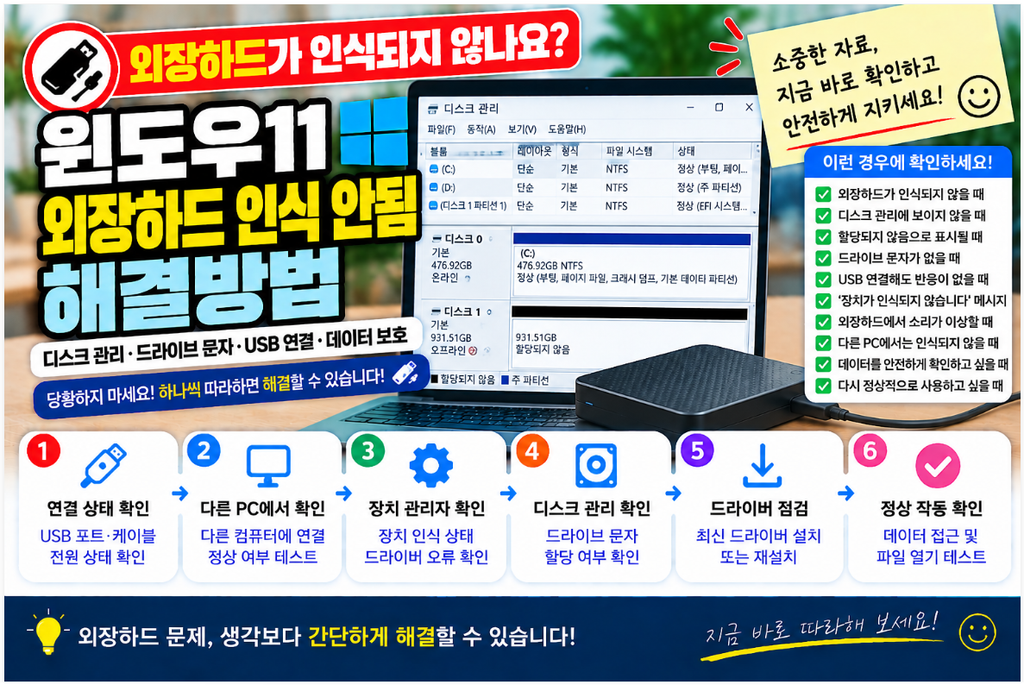 💾 윈도우11 외장하드 인식 안됨 해결방법|디스크 관리·드라이브 문자·USB 연결·데이터 보호 1 image 67