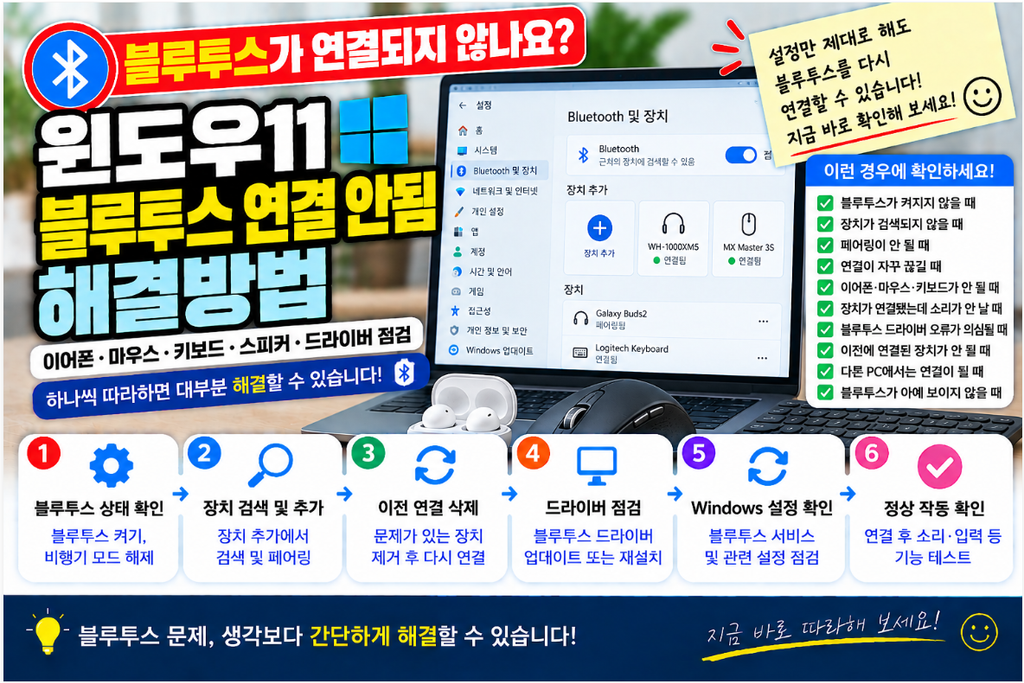 🔵 윈도우11 블루투스 연결 안됨 해결방법|이어폰·마우스·키보드 페어링 오류·드라이버 점검 1 image 69