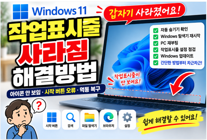 🖥️ 윈도우11 작업표시줄 사라짐 해결방법|아이콘 안 보임·시작 버튼 오류·작업표시줄 먹통 복구 1 image 74