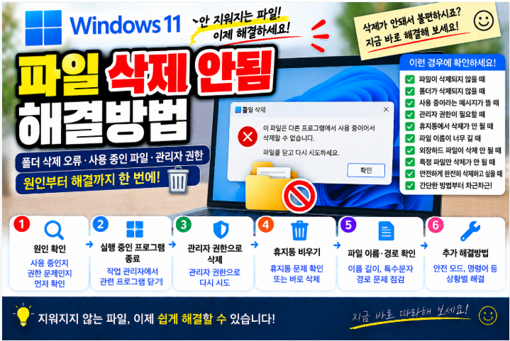 🗑️ 윈도우11 파일 삭제 안됨 해결방법|폴더 삭제 오류·사용 중인 파일·관리자 권한·휴지통 문제 1 image 78