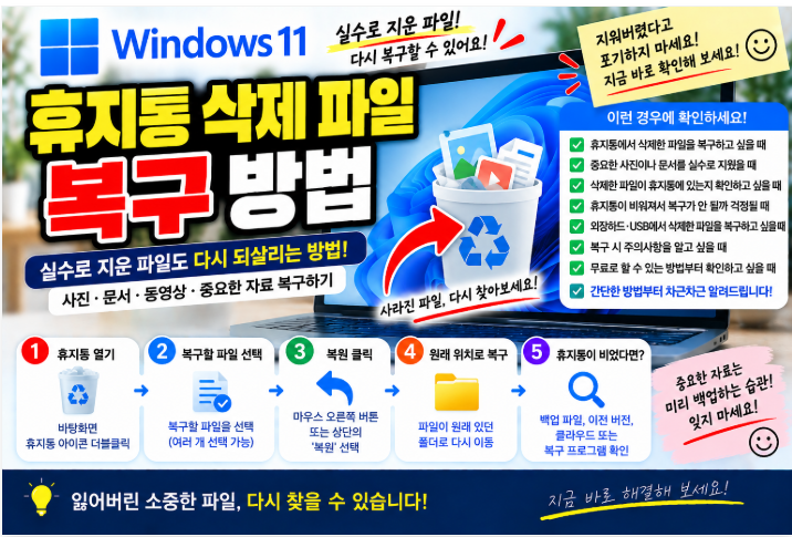 ♻️ 윈도우11 휴지통 삭제 파일 복구 방법|실수로 지운 사진·문서 되살리기·휴지통 복원·주의사항 1 image 79