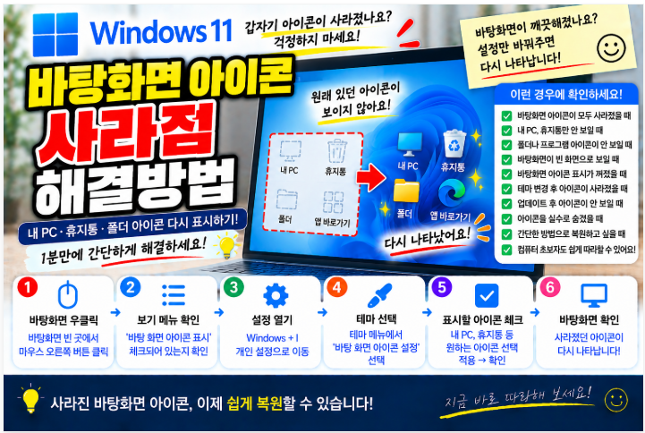 🖥️ 윈도우11 바탕화면 아이콘 사라짐 해결방법|내 PC·휴지통·폴더 안 보임·아이콘 복구 1 image 81
