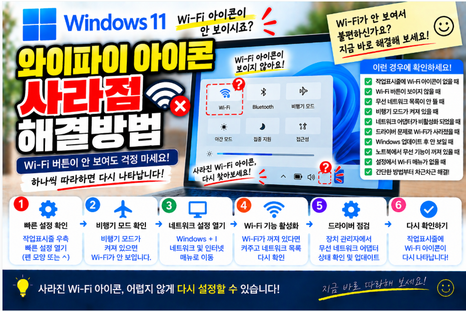 📶 윈도우11 와이파이 아이콘 사라짐 해결방법|Wi-Fi 버튼 안 보임·무선 인터넷 설정·네트워크 어댑터 점검 1 image 83