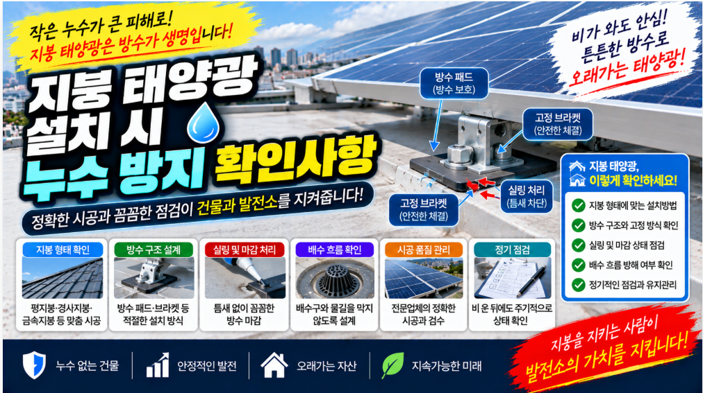 💧 지붕 태양광 설치 시 누수 방지 확인사항|방수·고정부·배수까지 시공 실무 1 image 93